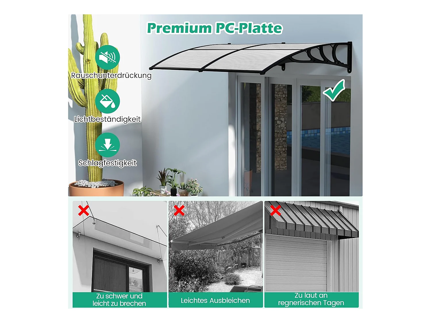 Luifel voor voordeur, overkapping van aluminium en polycarbonaat, transparante boogluifel, deurluifel, afdak voor huisdeur, 199 x 99 cm ZB33452