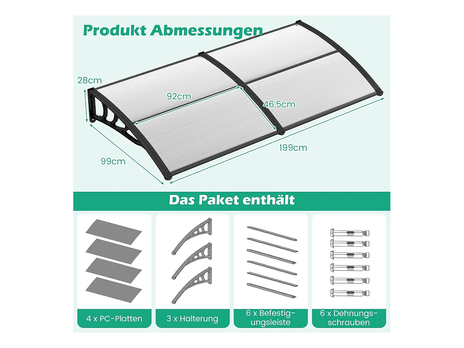 Luifel voor voordeur, overkapping van aluminium en polycarbonaat, transparante boogluifel, deurluifel, afdak voor huisdeur, 199 x 99 cm ZB33452