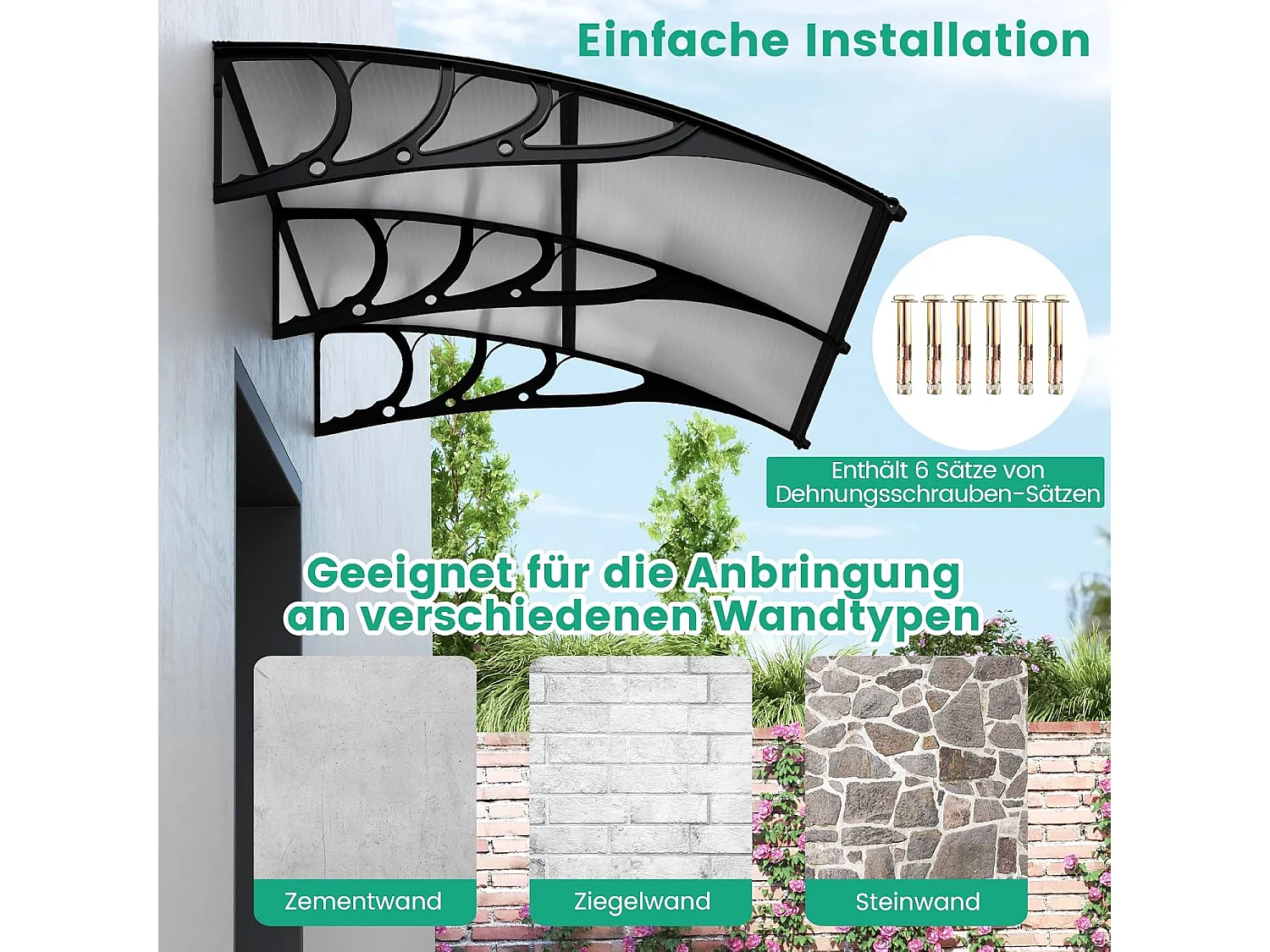 Luifel voor voordeur, overkapping van aluminium en polycarbonaat, transparante boogluifel, deurluifel, afdak voor huisdeur, 199 x 99 cm ZB33452