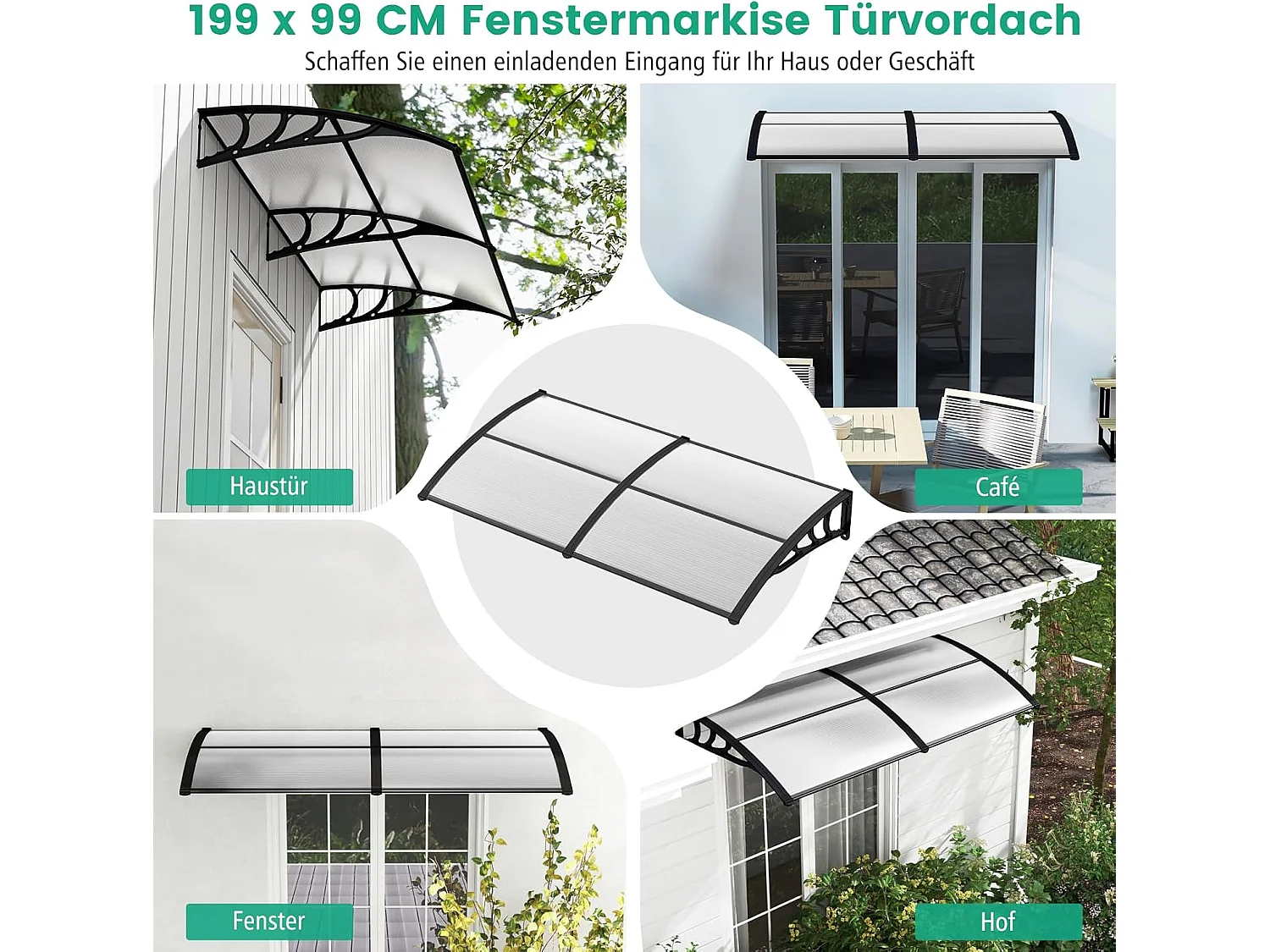 Luifel voor voordeur, overkapping van aluminium en polycarbonaat, transparante boogluifel, deurluifel, afdak voor huisdeur, 199 x 99 cm ZB33452