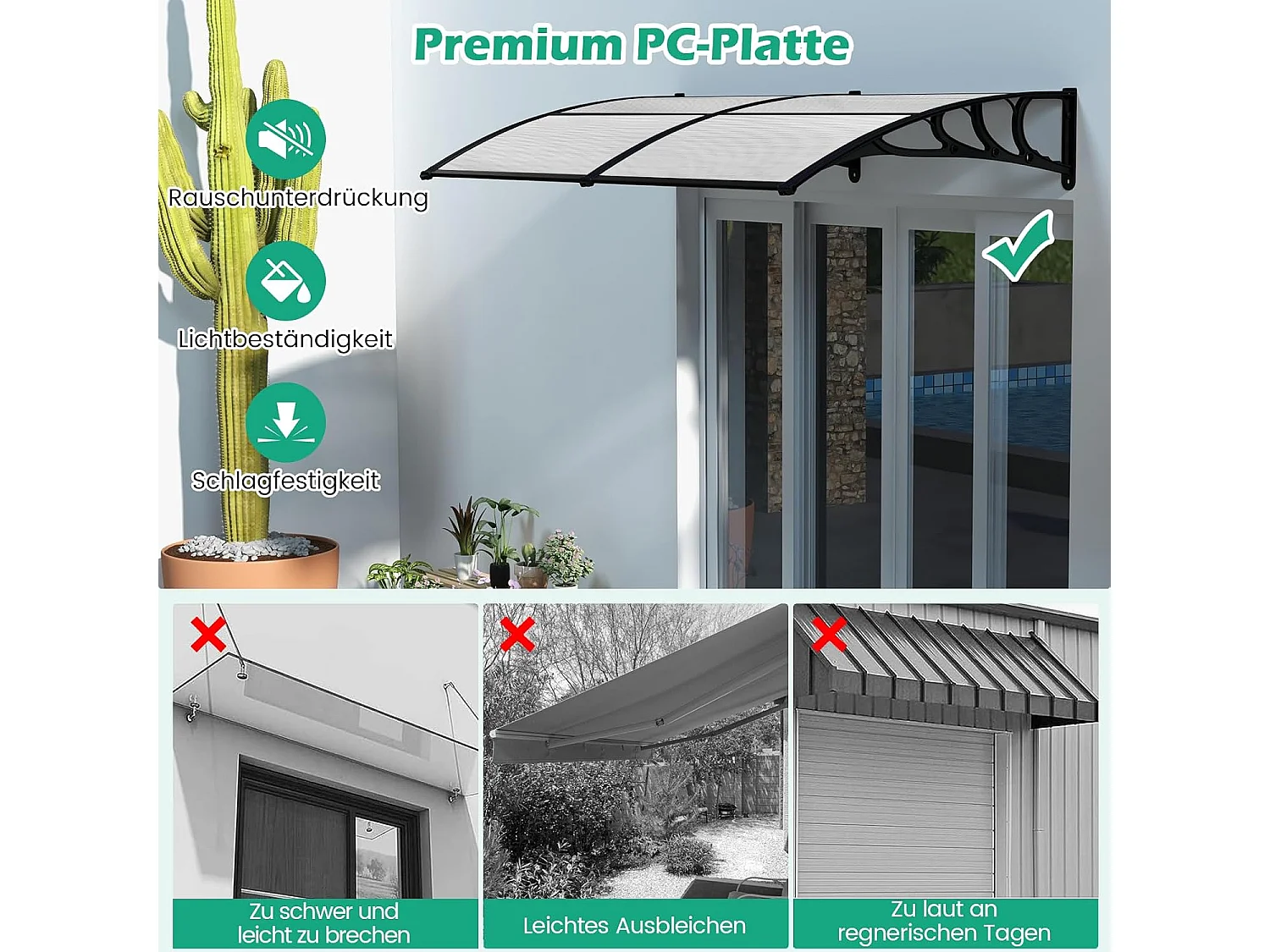 Luifel voor voordeur, overkapping van aluminium en polycarbonaat, transparante boogluifel, deurluifel, afdak voor huisdeur, 199 x 99 cm ZB33452