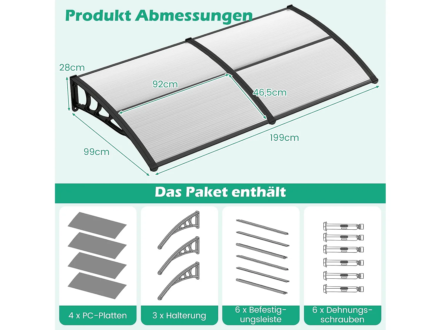 Luifel voor voordeur, overkapping van aluminium en polycarbonaat, transparante boogluifel, deurluifel, afdak voor huisdeur, 199 x 99 cm ZB33452
