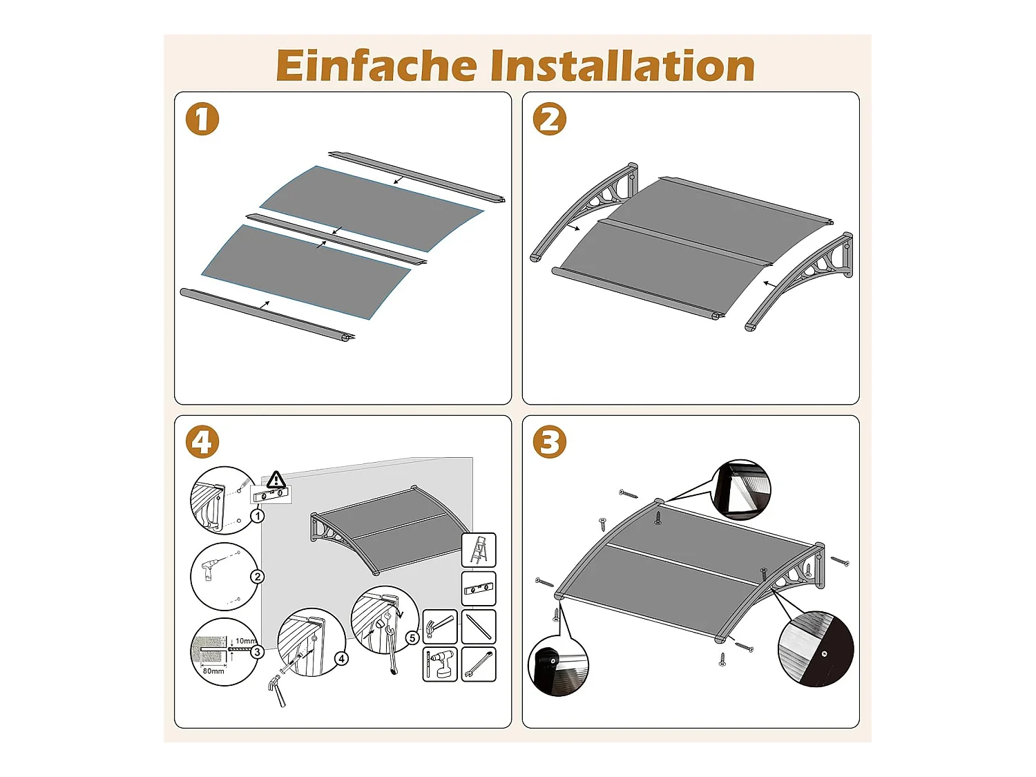 Luifel voor voordeur, overkapping van aluminium en polycarbonaat, transparante boogluifel, deurluifel, afdak voor huisdeur, 122 x 99 cm ZB33441