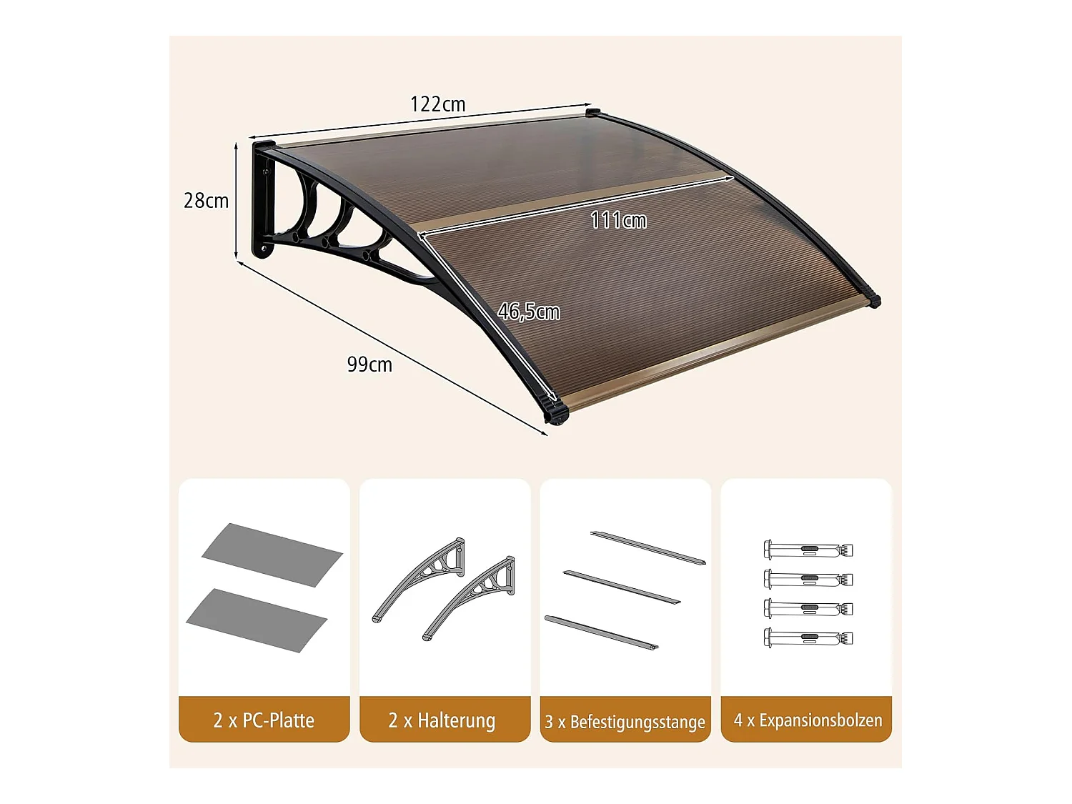 Luifel voor voordeur, overkapping van aluminium en polycarbonaat, transparante boogluifel, deurluifel, afdak voor huisdeur, 122 x 99 cm ZB33441