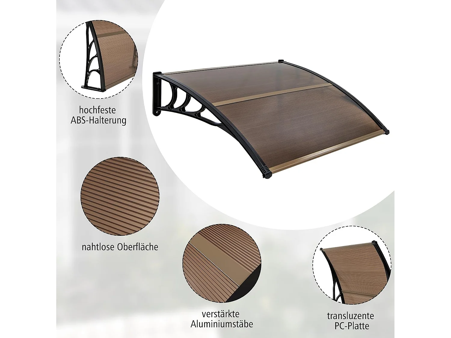 Luifel voor voordeur, overkapping van aluminium en polycarbonaat, transparante boogluifel, deurluifel, afdak voor huisdeur, 122 x 99 cm ZB33441