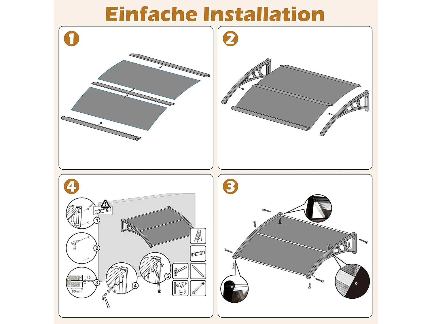 Luifel voor voordeur, overkapping van aluminium en polycarbonaat, transparante boogluifel, deurluifel, afdak voor huisdeur, 122 x 99 cm ZB33441