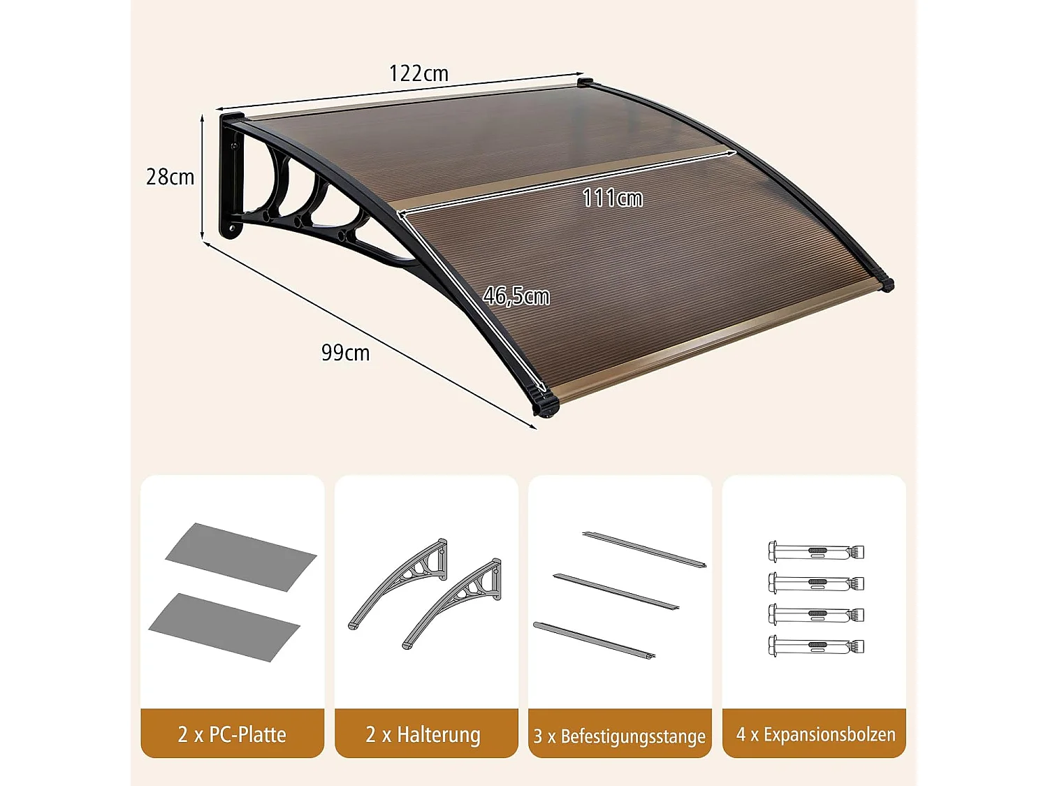 Luifel voor voordeur, overkapping van aluminium en polycarbonaat, transparante boogluifel, deurluifel, afdak voor huisdeur, 122 x 99 cm ZB33441