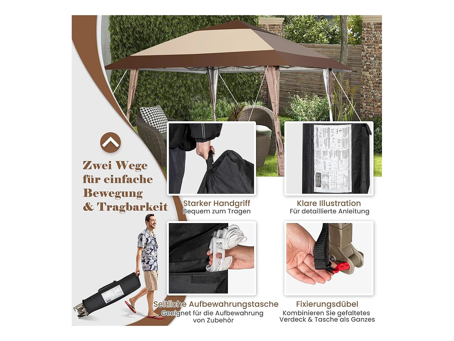 4 x 4 m vouwpaviljoen, pop-up paviljoen met wielen, waterdicht, uv-bescherming 50+, partytent, tuinpaviljoen, incl. met draagtas ZB32067