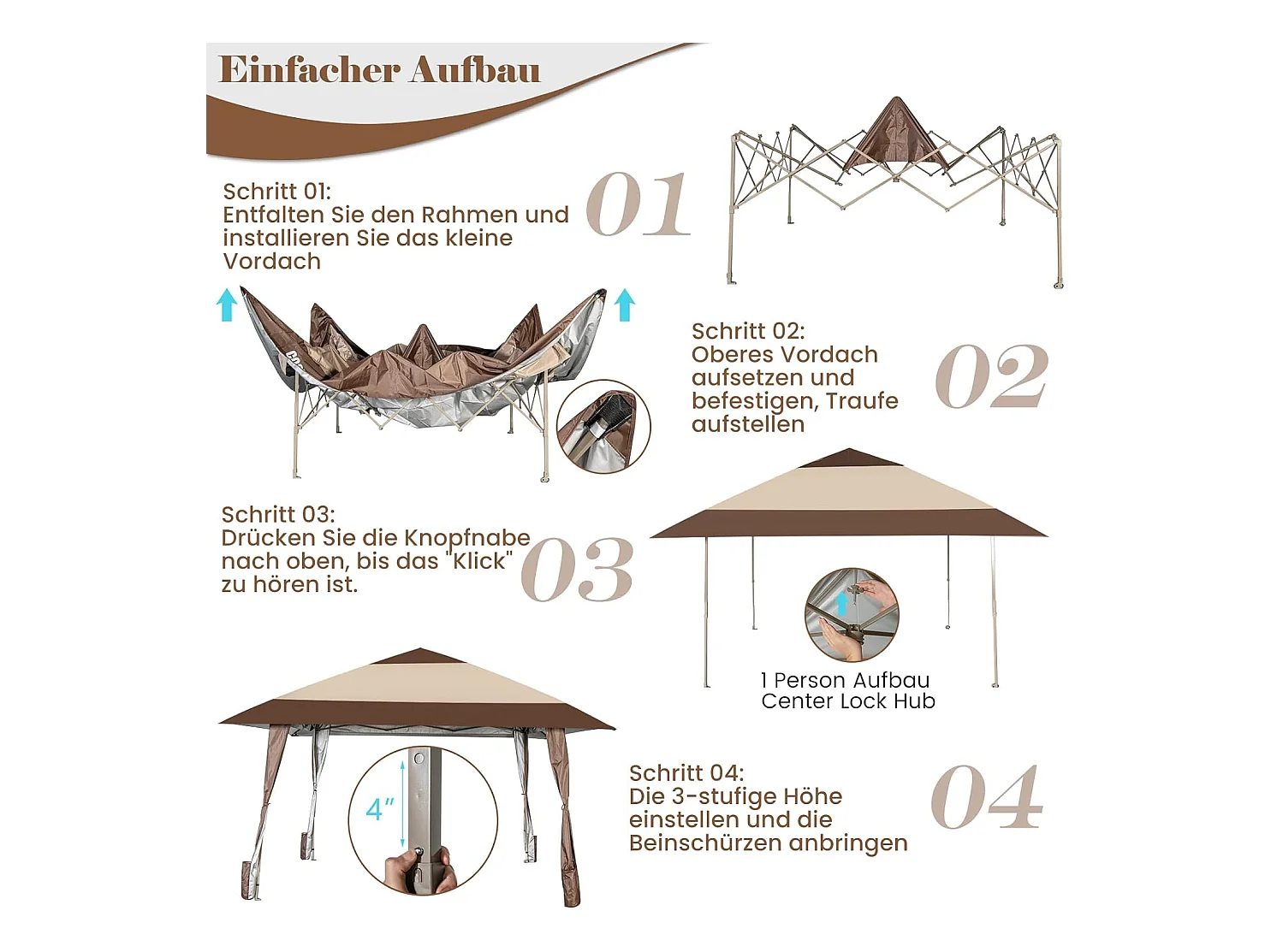 4 x 4 m vouwpaviljoen, pop-up paviljoen met wielen, waterdicht, uv-bescherming 50+, partytent, tuinpaviljoen, incl. met draagtas ZB32067
