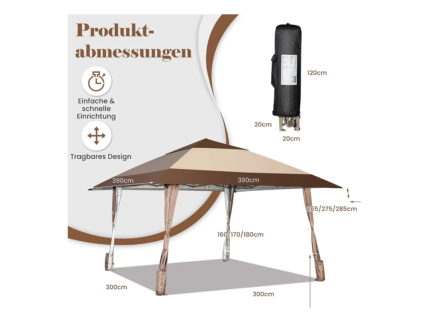 4 x 4 m vouwpaviljoen, pop-up paviljoen met wielen, waterdicht, uv-bescherming 50+, partytent, tuinpaviljoen, incl. met draagtas ZB32067