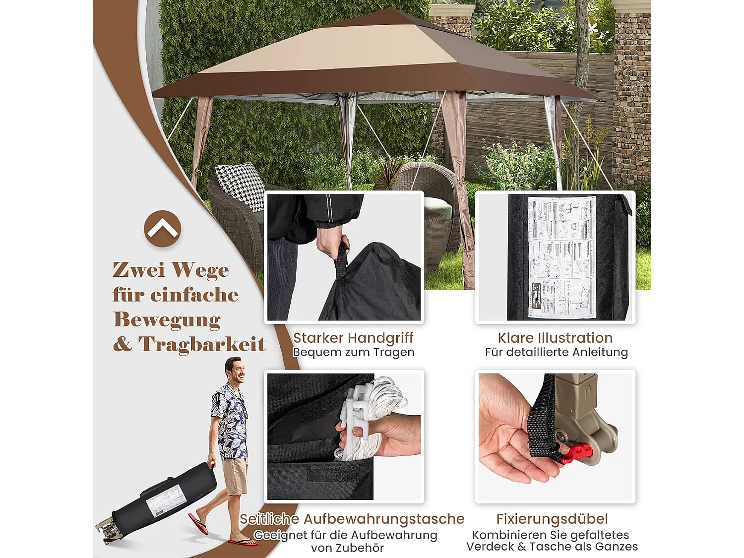 4 x 4 m vouwpaviljoen, pop-up paviljoen met wielen, waterdicht, uv-bescherming 50+, partytent, tuinpaviljoen, incl. met draagtas ZB32067