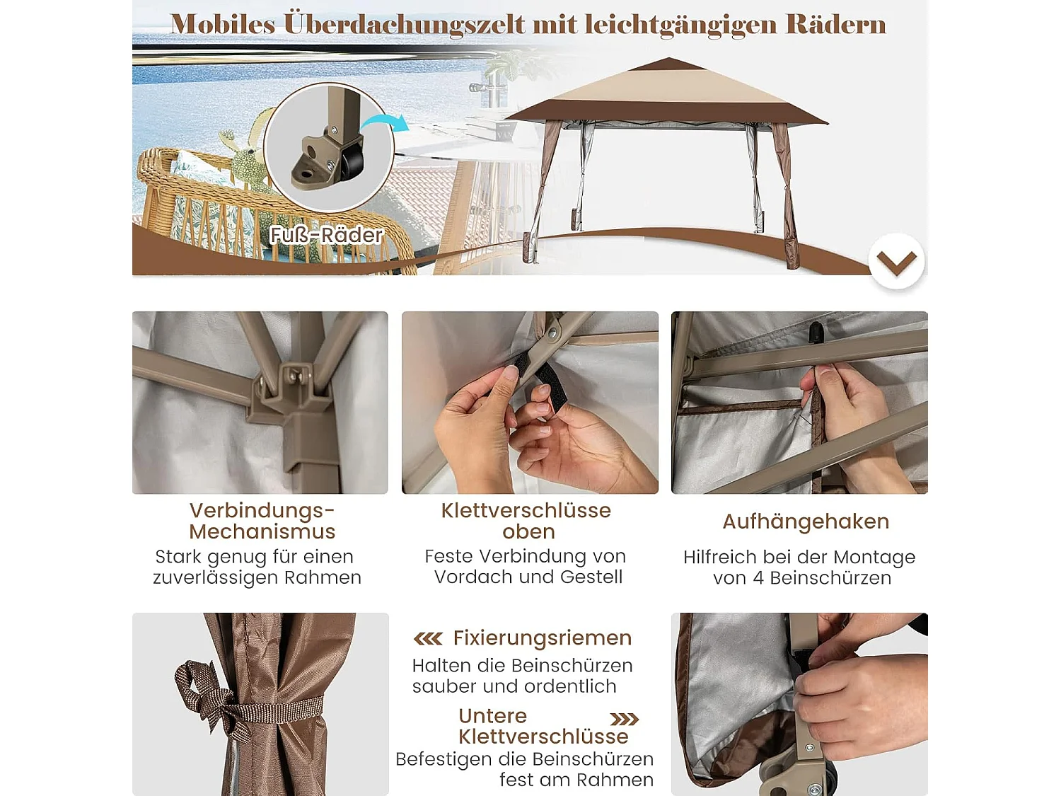 4 x 4 m vouwpaviljoen, pop-up paviljoen met wielen, waterdicht, uv-bescherming 50+, partytent, tuinpaviljoen, incl. met draagtas ZB32067