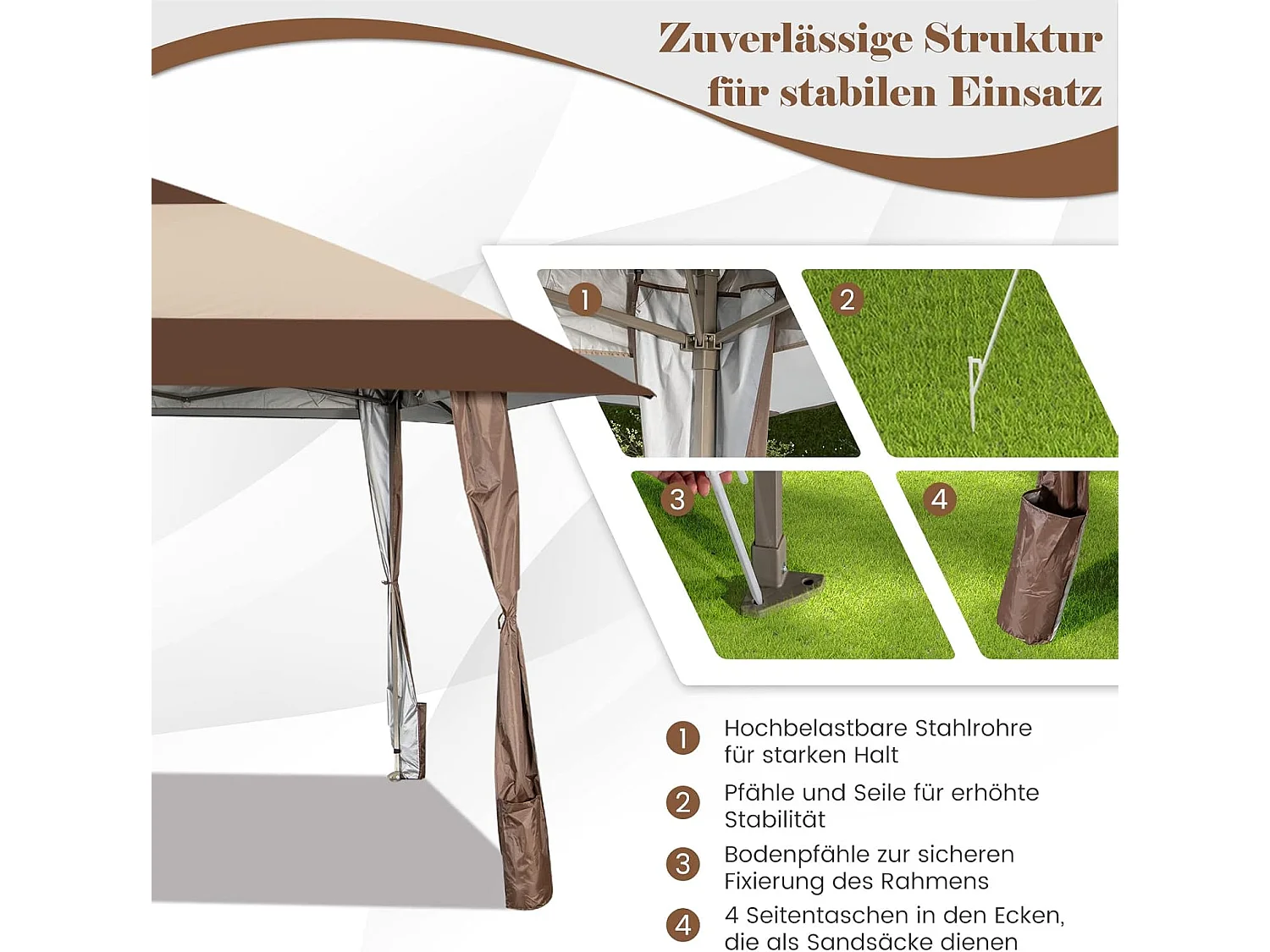 4 x 4 m vouwpaviljoen, pop-up paviljoen met wielen, waterdicht, uv-bescherming 50+, partytent, tuinpaviljoen, incl. met draagtas ZB32067