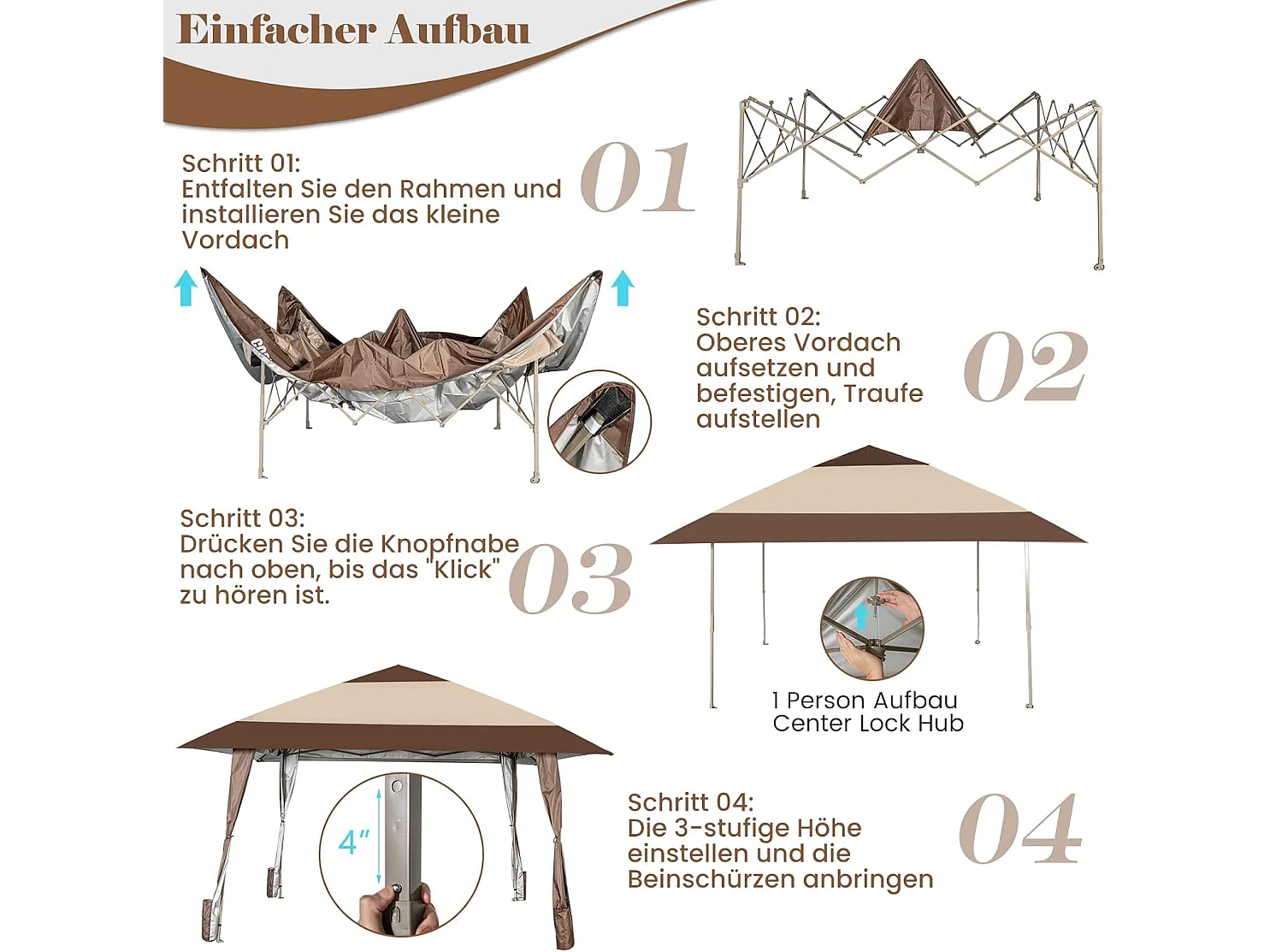 4 x 4 m vouwpaviljoen, pop-up paviljoen met wielen, waterdicht, uv-bescherming 50+, partytent, tuinpaviljoen, incl. met draagtas ZB32067