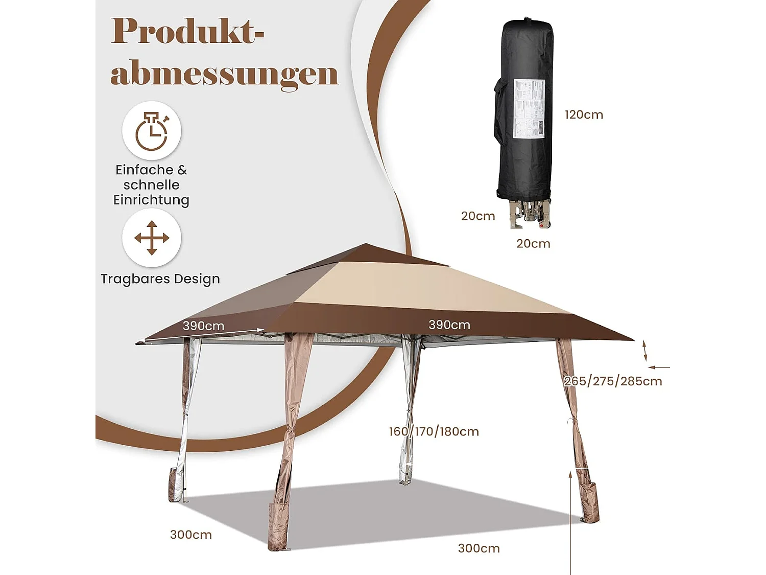 4 x 4 m vouwpaviljoen, pop-up paviljoen met wielen, waterdicht, uv-bescherming 50+, partytent, tuinpaviljoen, incl. met draagtas ZB32067