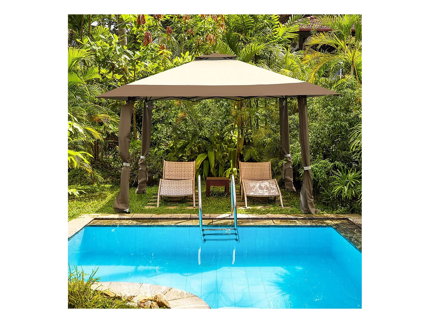 Paviljoen met dubbel dak, waterdicht, stabiel, winterbestendig, uv-bescherming 50+, vouwpaviljoen, tuinpaviljoen met draagtas, op wieltjes, achtertuin ZB33811