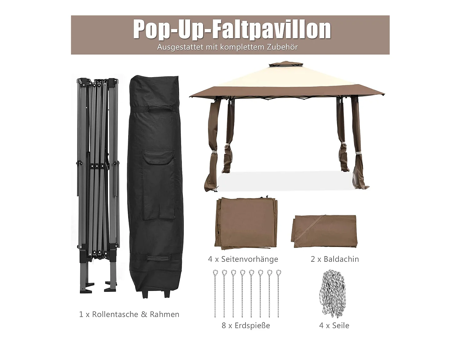 Paviljoen met dubbel dak, waterdicht, stabiel, winterbestendig, uv-bescherming 50+, vouwpaviljoen, tuinpaviljoen met draagtas, op wieltjes, achtertuin ZB33811