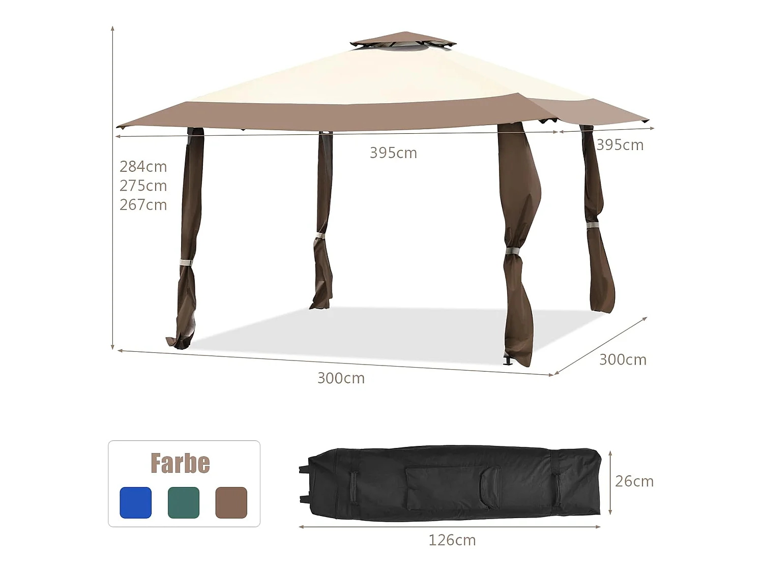 Paviljoen met dubbel dak, waterdicht, stabiel, winterbestendig, uv-bescherming 50+, vouwpaviljoen, tuinpaviljoen met draagtas, op wieltjes, achtertuin ZB33811