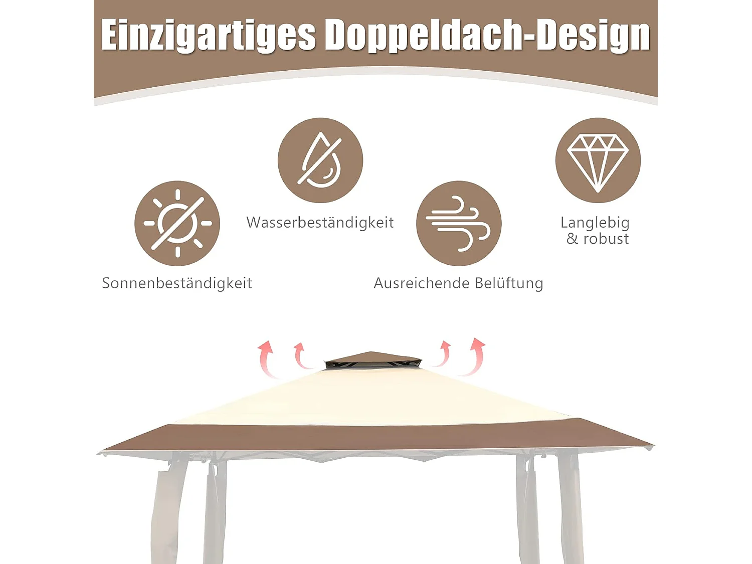 Paviljoen met dubbel dak, waterdicht, stabiel, winterbestendig, uv-bescherming 50+, vouwpaviljoen, tuinpaviljoen met draagtas, op wieltjes, achtertuin ZB33811