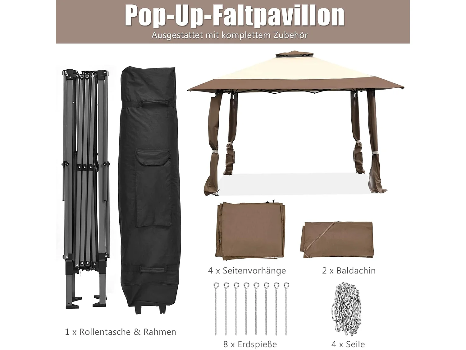 Paviljoen met dubbel dak, waterdicht, stabiel, winterbestendig, uv-bescherming 50+, vouwpaviljoen, tuinpaviljoen met draagtas, op wieltjes, achtertuin ZB33811