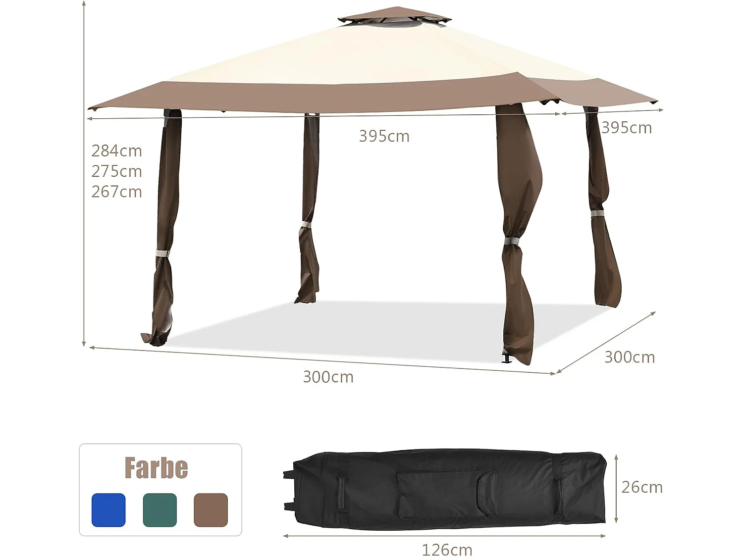 Paviljoen met dubbel dak, waterdicht, stabiel, winterbestendig, uv-bescherming 50+, vouwpaviljoen, tuinpaviljoen met draagtas, op wieltjes, achtertuin ZB33811