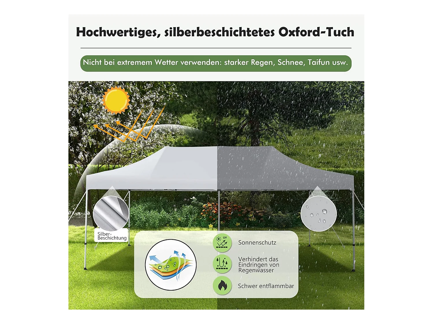 Vouwpaviljoen, paviljoen met wielen, uv-bescherming 50+, waterdicht, stabiele partytent, pop-up tuinpaviljoen voor festivals, feest, tuin, wit, 3 x 6 m ZB32065