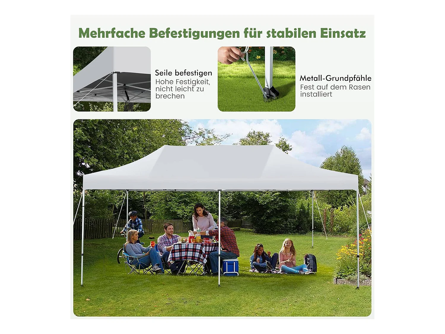 Vouwpaviljoen, paviljoen met wielen, uv-bescherming 50+, waterdicht, stabiele partytent, pop-up tuinpaviljoen voor festivals, feest, tuin, wit, 3 x 6 m ZB32065