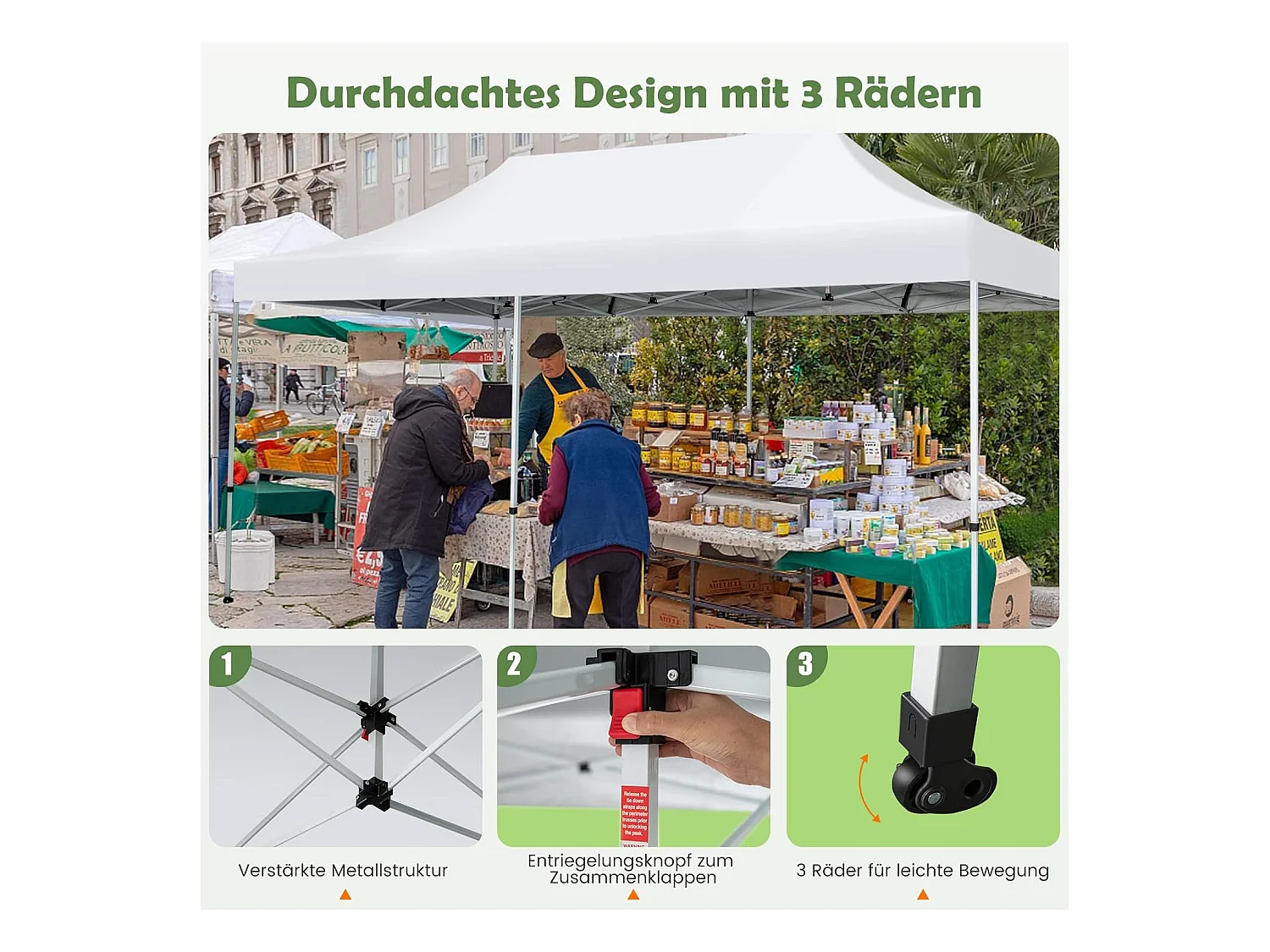 Vouwpaviljoen, paviljoen met wielen, uv-bescherming 50+, waterdicht, stabiele partytent, pop-up tuinpaviljoen voor festivals, feest, tuin, wit, 3 x 6 m ZB32065