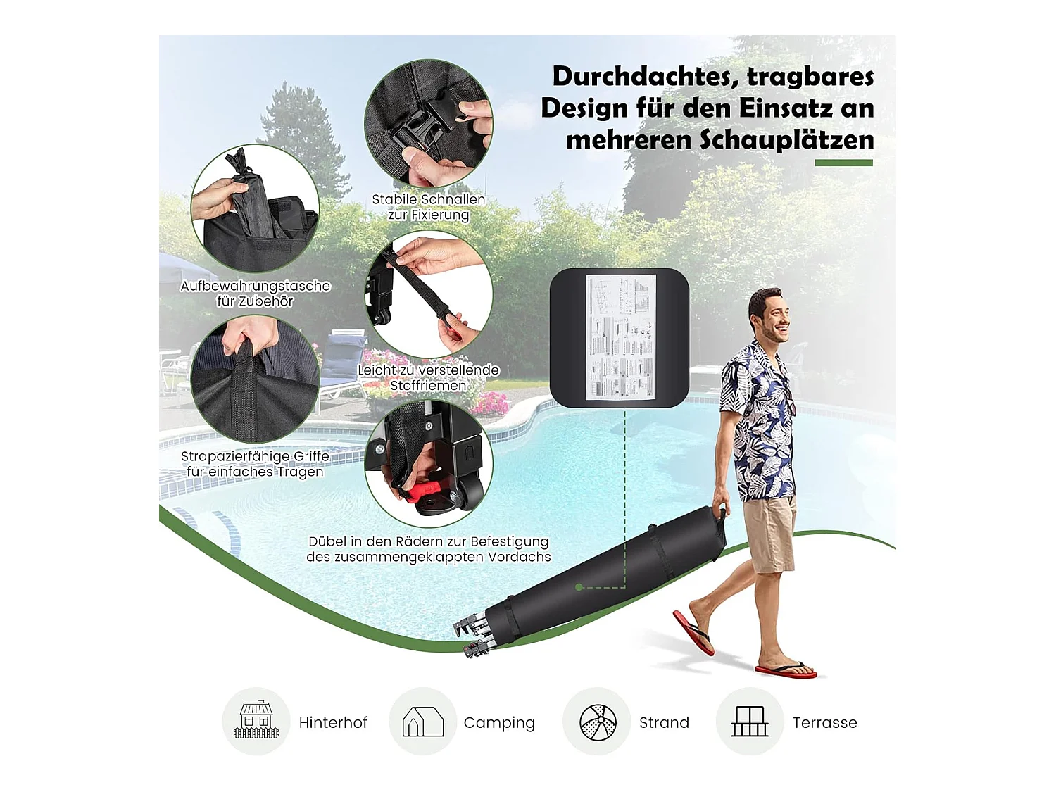 Vouwpaviljoen, paviljoen met wielen, uv-bescherming 50+, waterdicht, stabiele partytent, pop-up tuinpaviljoen voor festivals, feest, tuin, wit, 3 x 6 m ZB32065