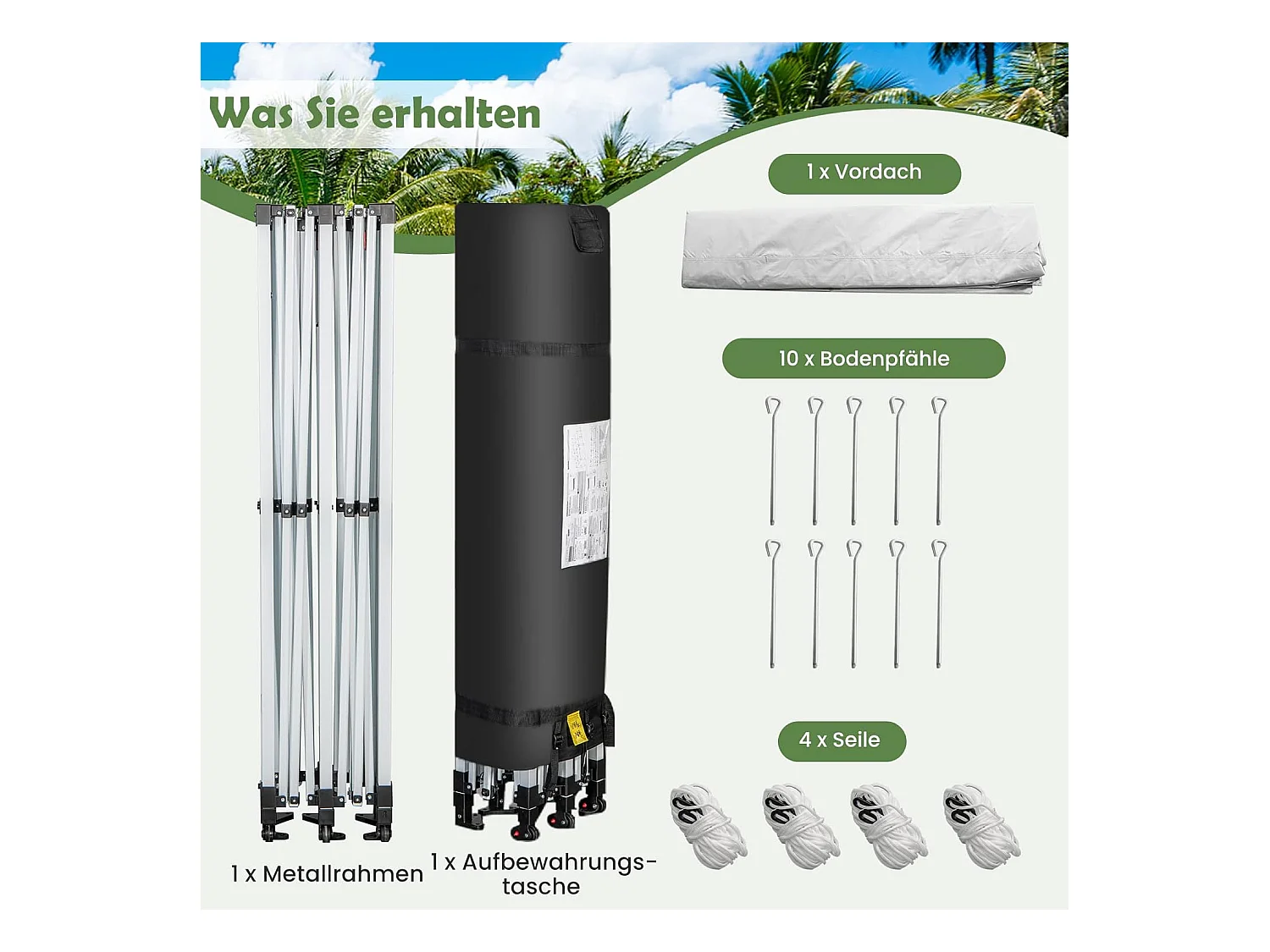 Vouwpaviljoen, paviljoen met wielen, uv-bescherming 50+, waterdicht, stabiele partytent, pop-up tuinpaviljoen voor festivals, feest, tuin, wit, 3 x 6 m ZB32065