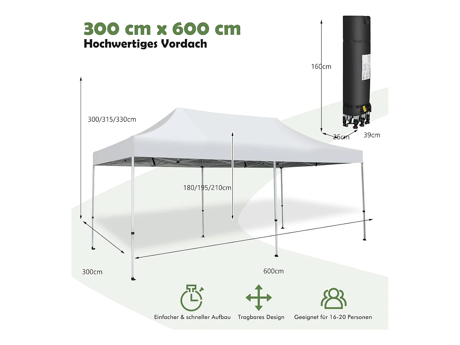 Vouwpaviljoen, paviljoen met wielen, uv-bescherming 50+, waterdicht, stabiele partytent, pop-up tuinpaviljoen voor festivals, feest, tuin, wit, 3 x 6 m ZB32065