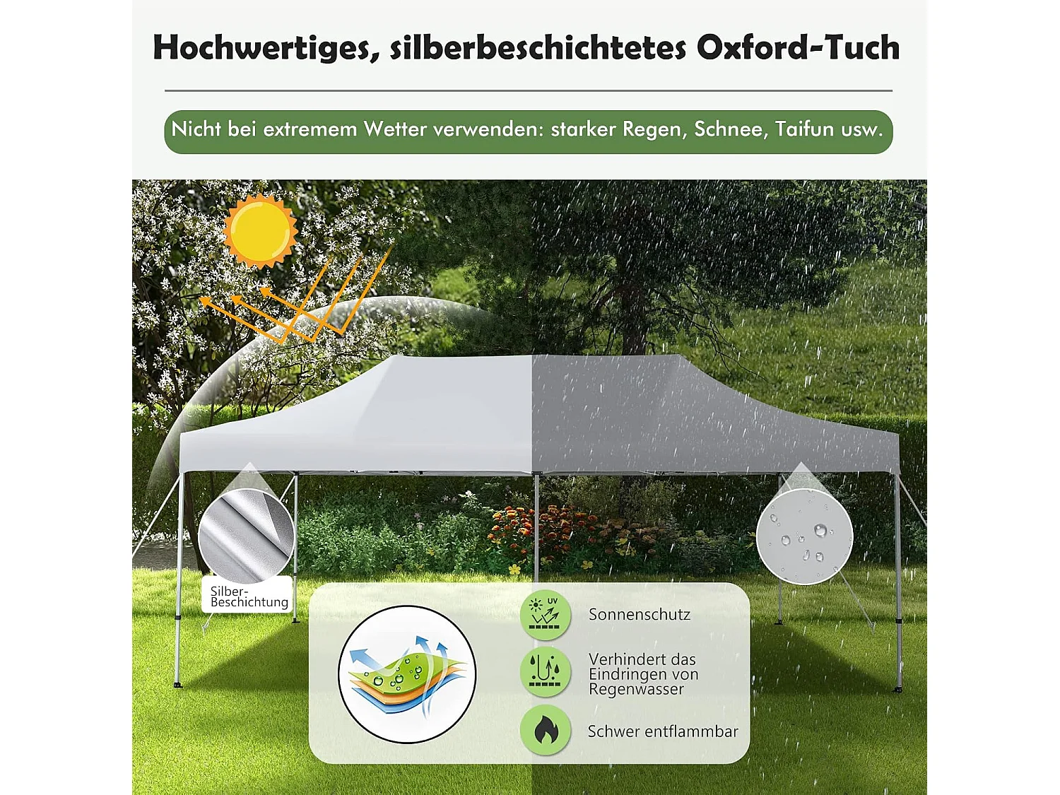 Vouwpaviljoen, paviljoen met wielen, uv-bescherming 50+, waterdicht, stabiele partytent, pop-up tuinpaviljoen voor festivals, feest, tuin, wit, 3 x 6 m ZB32065
