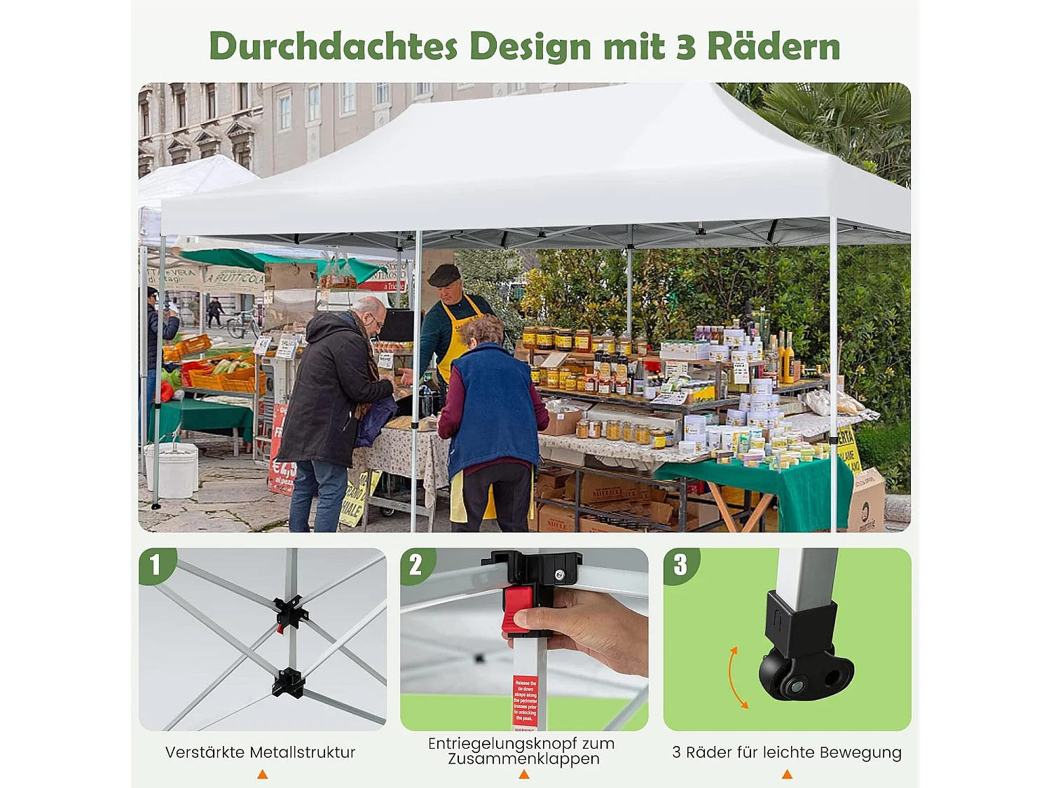 Vouwpaviljoen, paviljoen met wielen, uv-bescherming 50+, waterdicht, stabiele partytent, pop-up tuinpaviljoen voor festivals, feest, tuin, wit, 3 x 6 m ZB32065