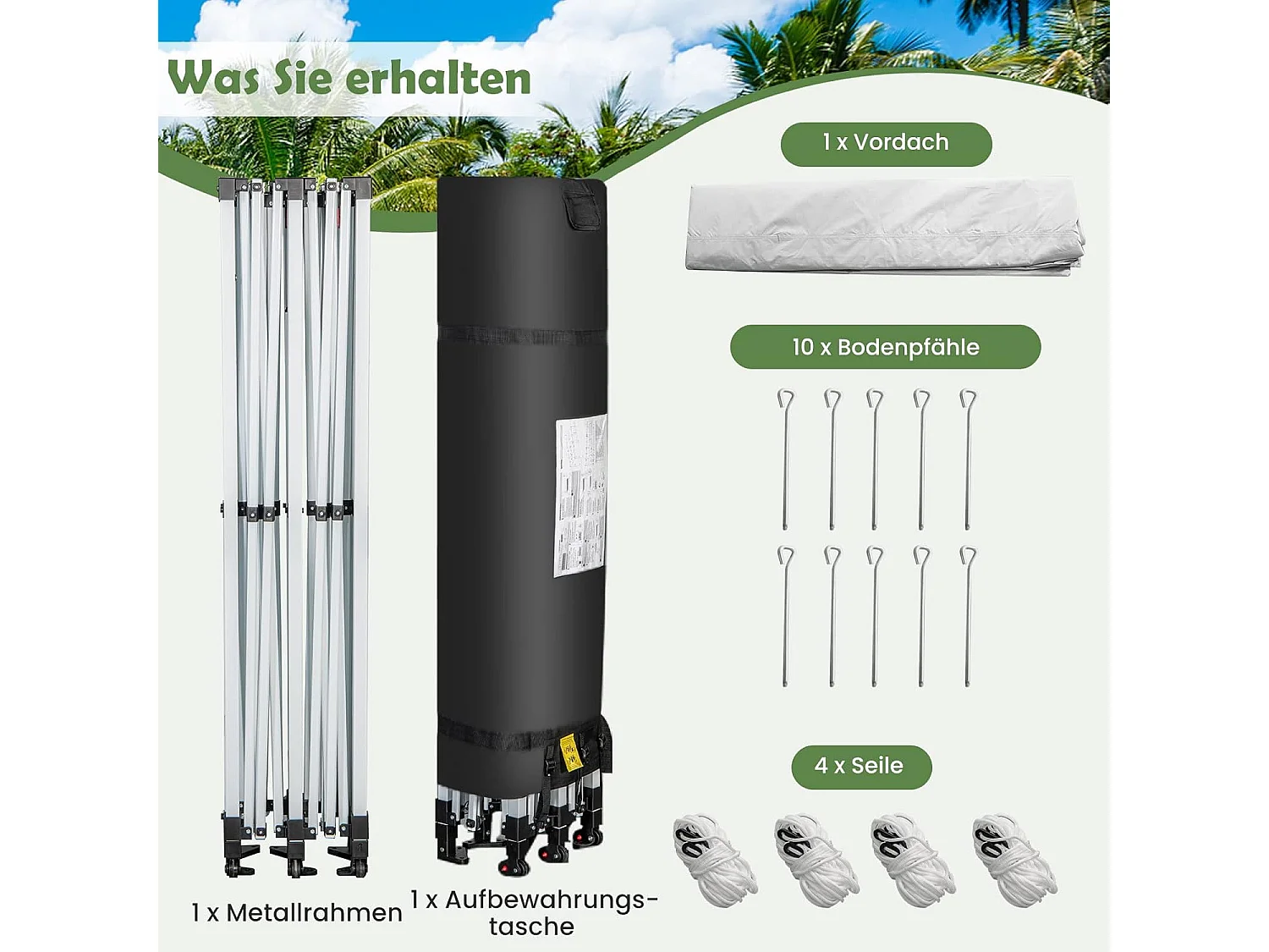 Vouwpaviljoen, paviljoen met wielen, uv-bescherming 50+, waterdicht, stabiele partytent, pop-up tuinpaviljoen voor festivals, feest, tuin, wit, 3 x 6 m ZB32065