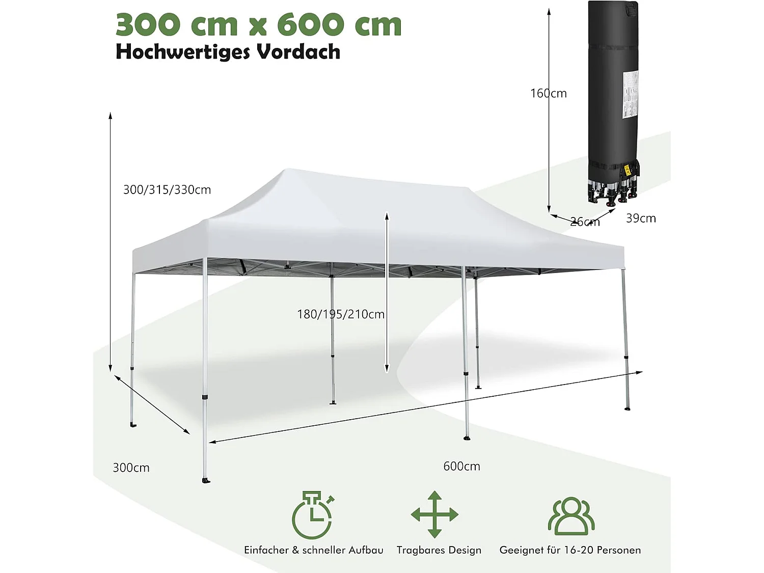 Vouwpaviljoen, paviljoen met wielen, uv-bescherming 50+, waterdicht, stabiele partytent, pop-up tuinpaviljoen voor festivals, feest, tuin, wit, 3 x 6 m ZB32065