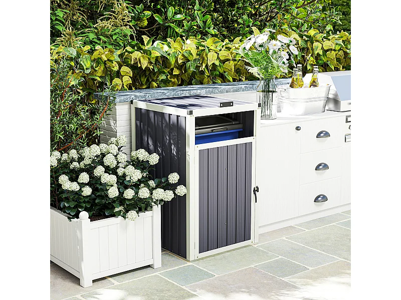 Abri poubelle - cache poubelle - 240L - porte, couvercle - tôle acier ondulé blanc gris