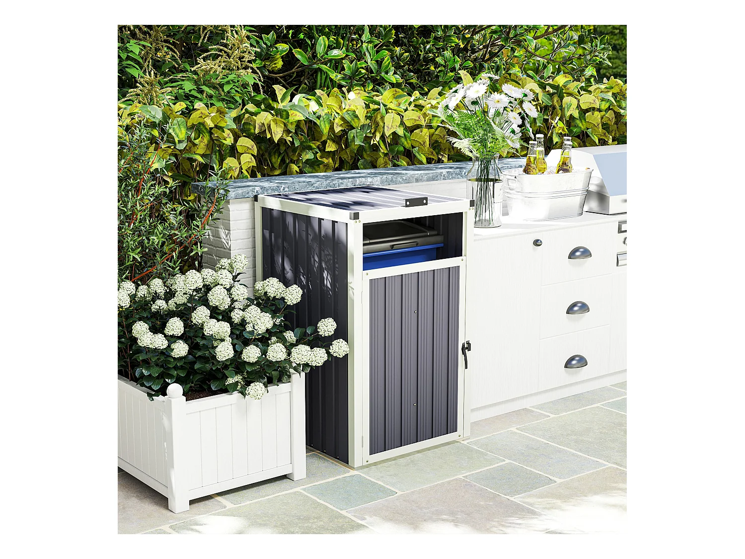 Abri poubelle - cache poubelle - 240L - porte, couvercle - tôle acier ondulé blanc gris