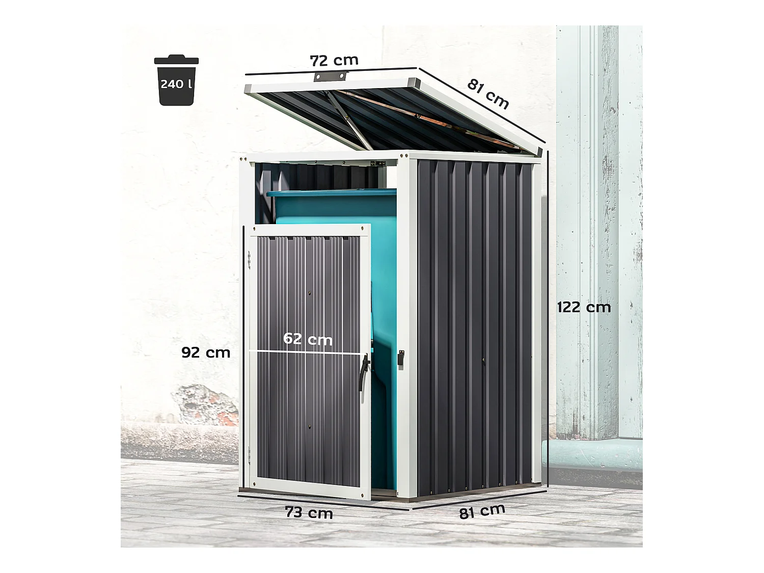 Abri poubelle - cache poubelle - 240L - porte, couvercle - tôle acier ondulé blanc gris