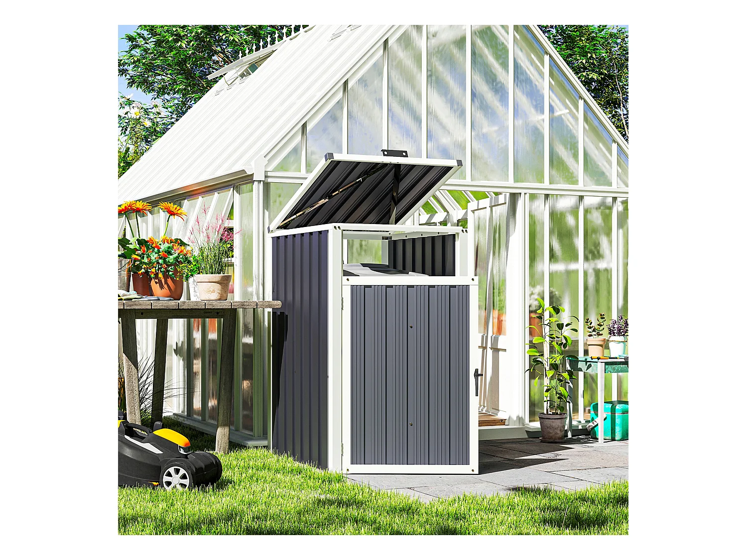 Abri poubelle - cache poubelle - 240L - porte, couvercle - tôle acier ondulé blanc gris