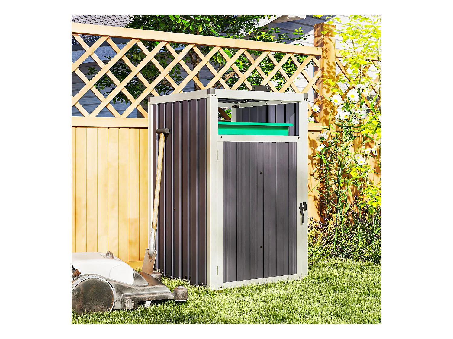 Abri poubelle - cache poubelle - 240L - porte, couvercle - tôle acier ondulé blanc gris