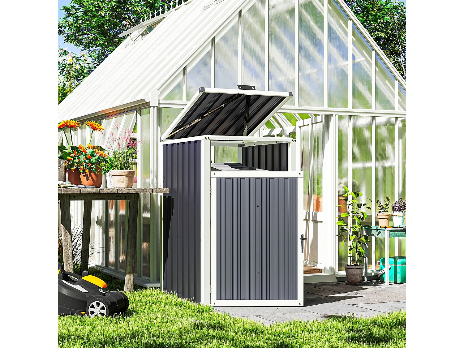 Abri poubelle - cache poubelle - 240L - porte, couvercle - tôle acier ondulé blanc gris