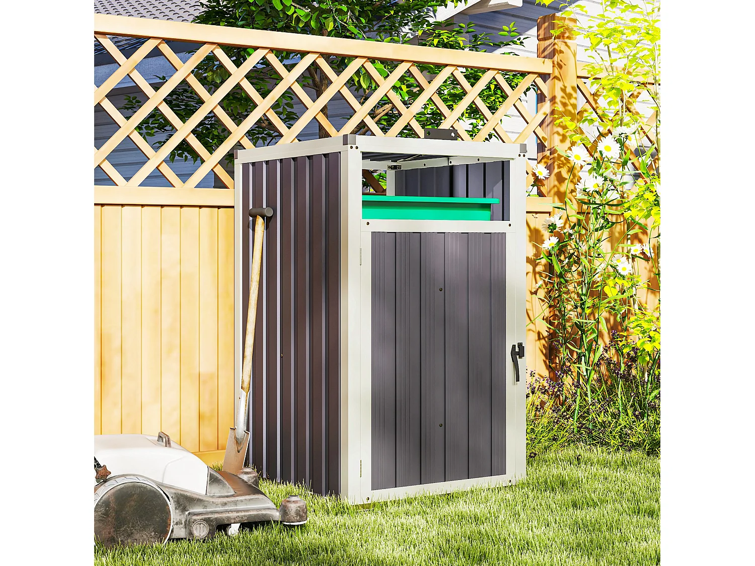 Abri poubelle - cache poubelle - 240L - porte, couvercle - tôle acier ondulé blanc gris