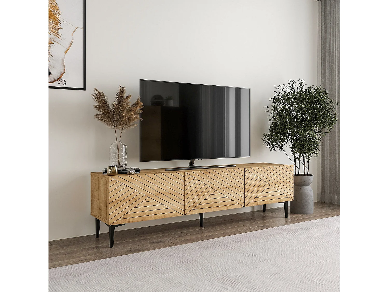 Móvel de TV em painel de partículas revestido a melamina – 160 cm – Carvalho Safira