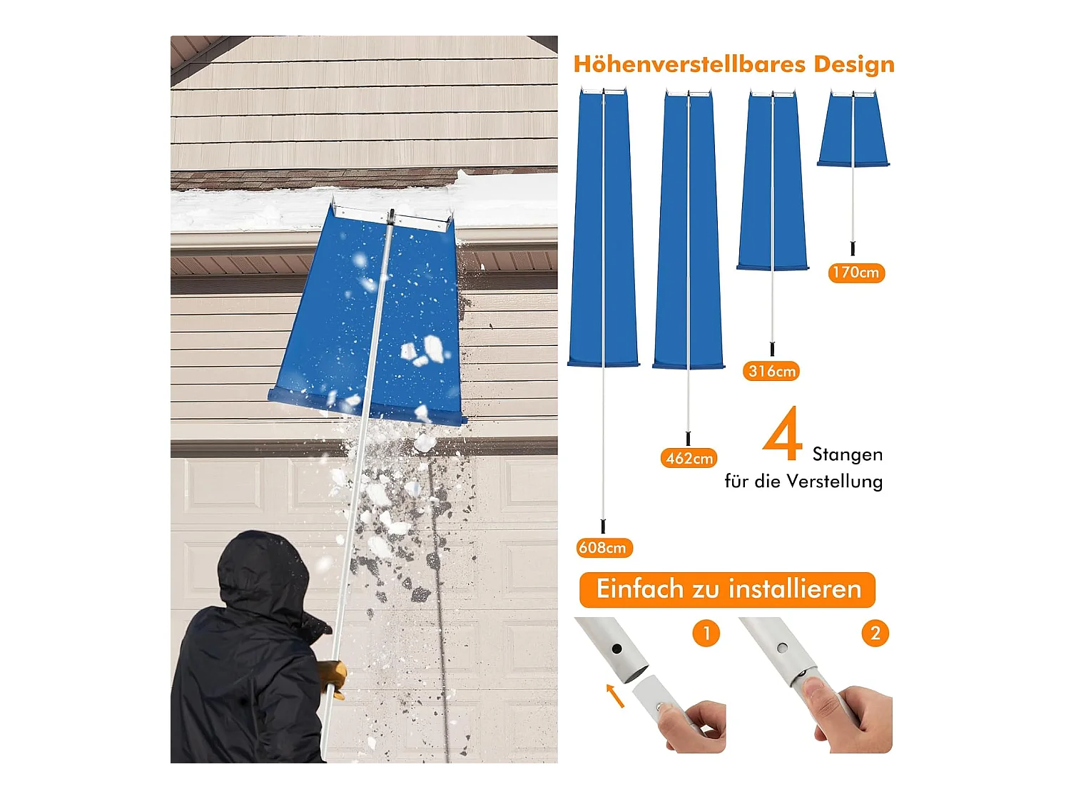 Sneeuwruimer voor dak, sneeuwruimer met telescoopsteel, antislip handgreep en klittenbandsluiting, dakruimer, sneeuwschuiver van aluminium, instelbereik 170-608 cm