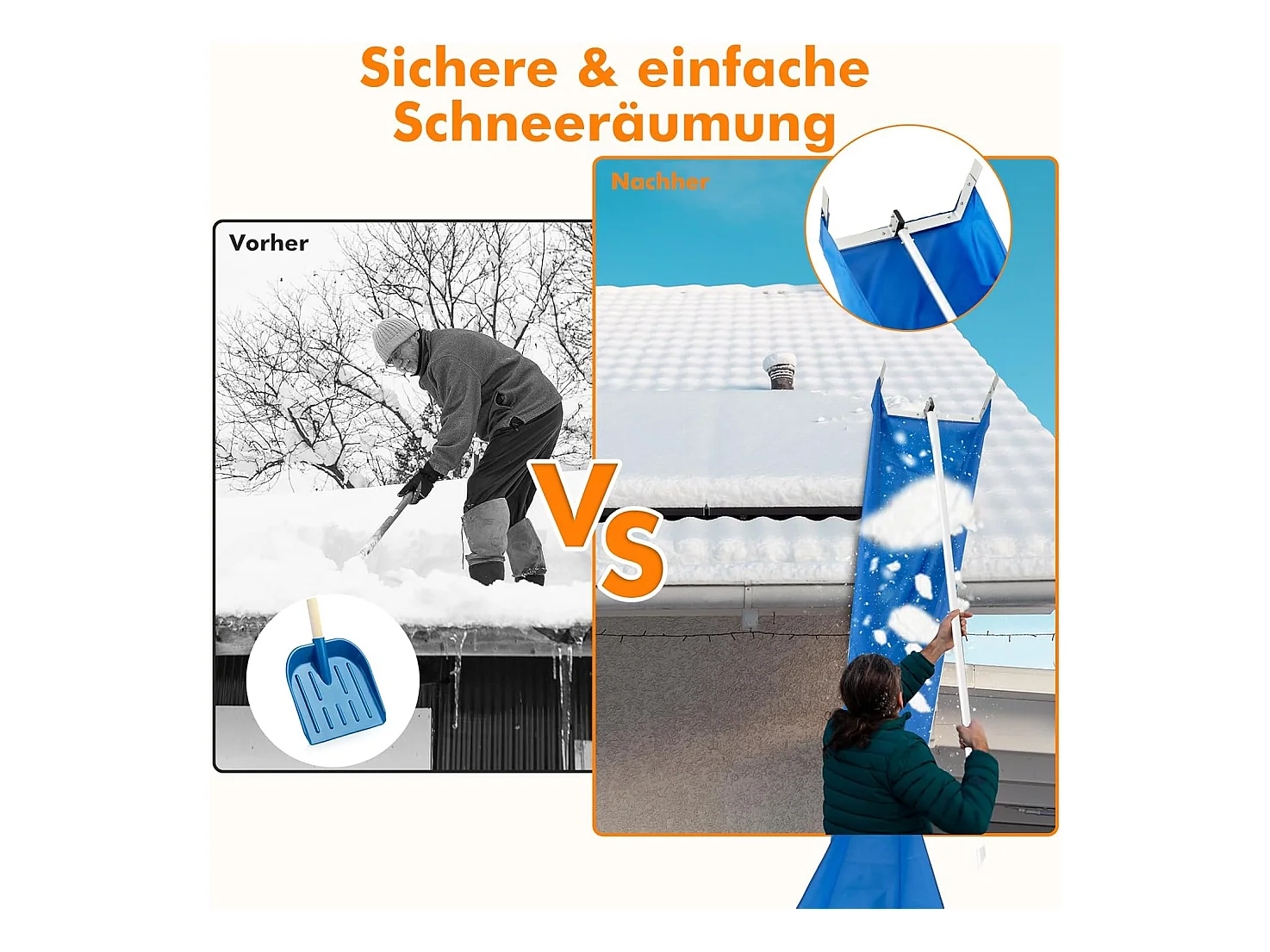 Sneeuwruimer voor dak, sneeuwruimer met telescoopsteel, antislip handgreep en klittenbandsluiting, dakruimer, sneeuwschuiver van aluminium, instelbereik 170-608 cm