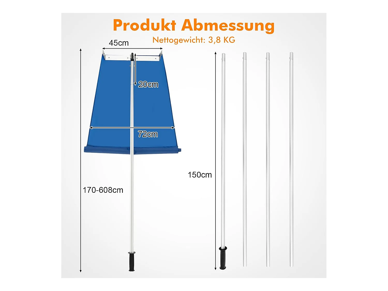 Sneeuwruimer voor dak, sneeuwruimer met telescoopsteel, antislip handgreep en klittenbandsluiting, dakruimer, sneeuwschuiver van aluminium, instelbereik 170-608 cm