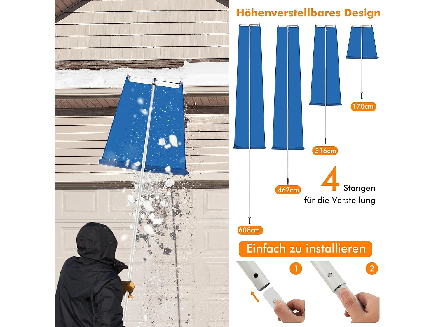 Sneeuwruimer voor dak, sneeuwruimer met telescoopsteel, antislip handgreep en klittenbandsluiting, dakruimer, sneeuwschuiver van aluminium, instelbereik 170-608 cm