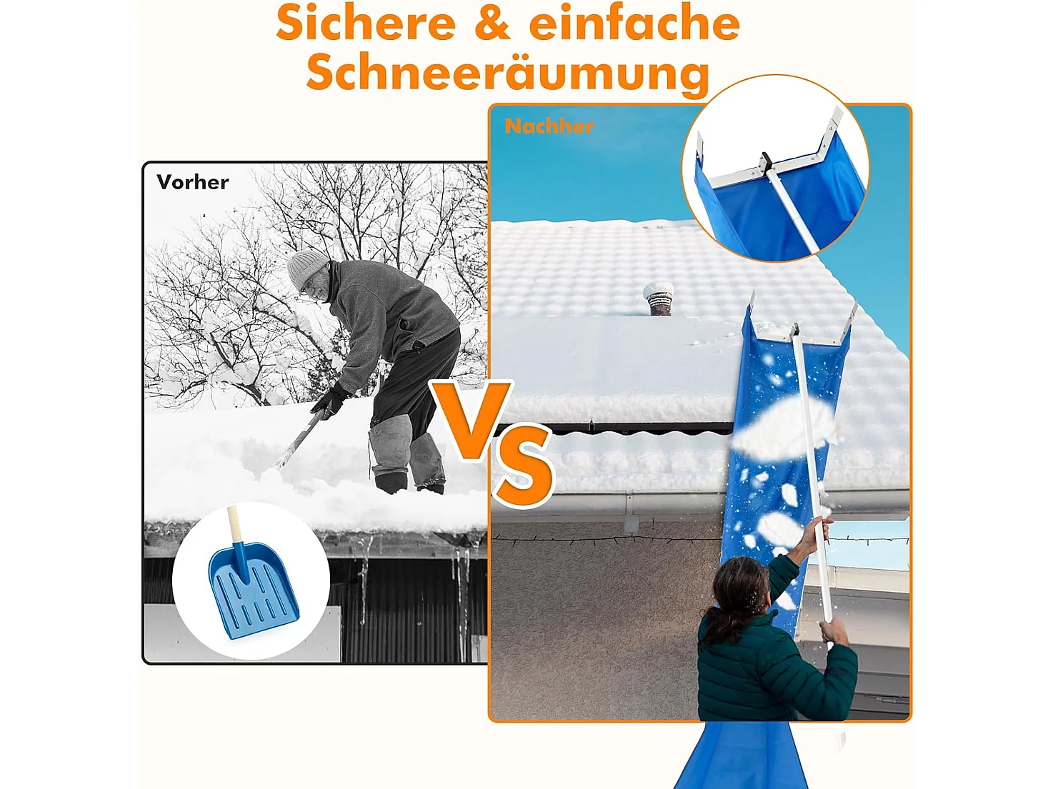 Sneeuwruimer voor dak, sneeuwruimer met telescoopsteel, antislip handgreep en klittenbandsluiting, dakruimer, sneeuwschuiver van aluminium, instelbereik 170-608 cm