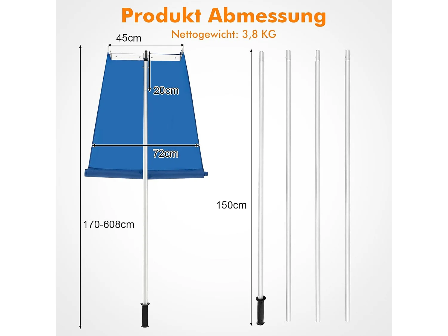 Sneeuwruimer voor dak, sneeuwruimer met telescoopsteel, antislip handgreep en klittenbandsluiting, dakruimer, sneeuwschuiver van aluminium, instelbereik 170-608 cm