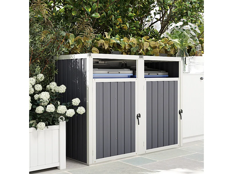 Outsunny Abri pour 2 poubelles 240L, cache poubelle extérieur, portes avec poignées, couvercles relevables à 180°, acier galvanisé, 146 x 81 x 122 cm, gris foncé